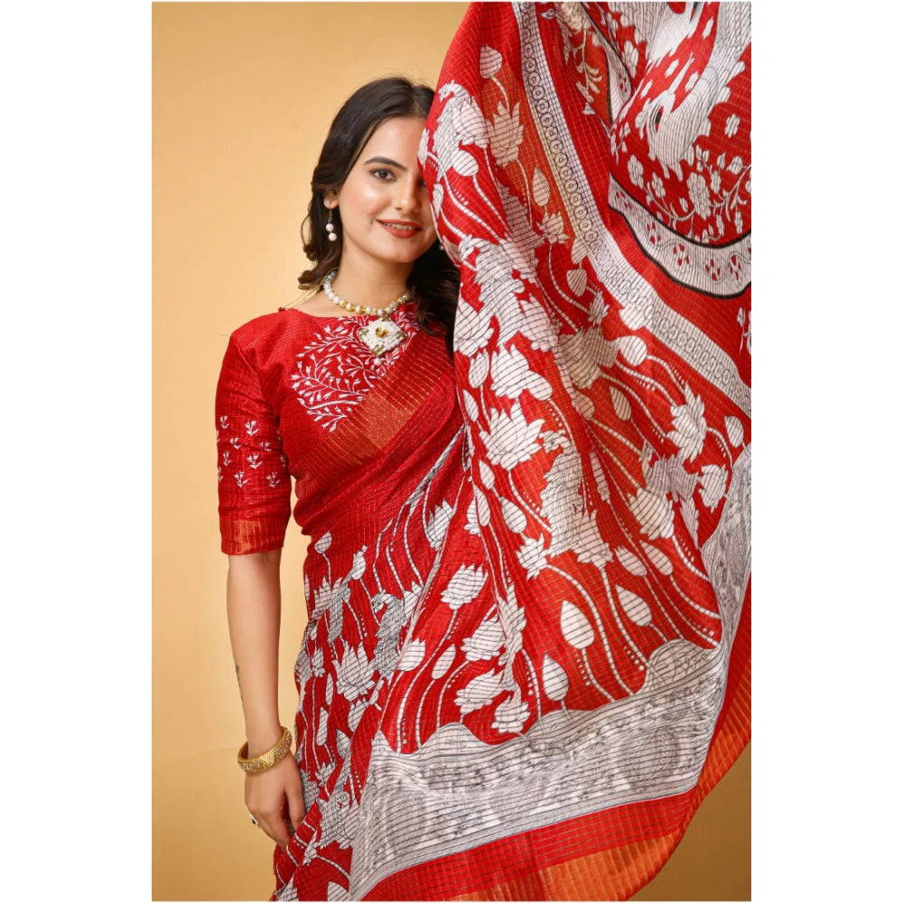 Women's Soft Handloom Cotton Kalamkari Printed Saree With Unstitched Blouse 5.5Mtr (Red)