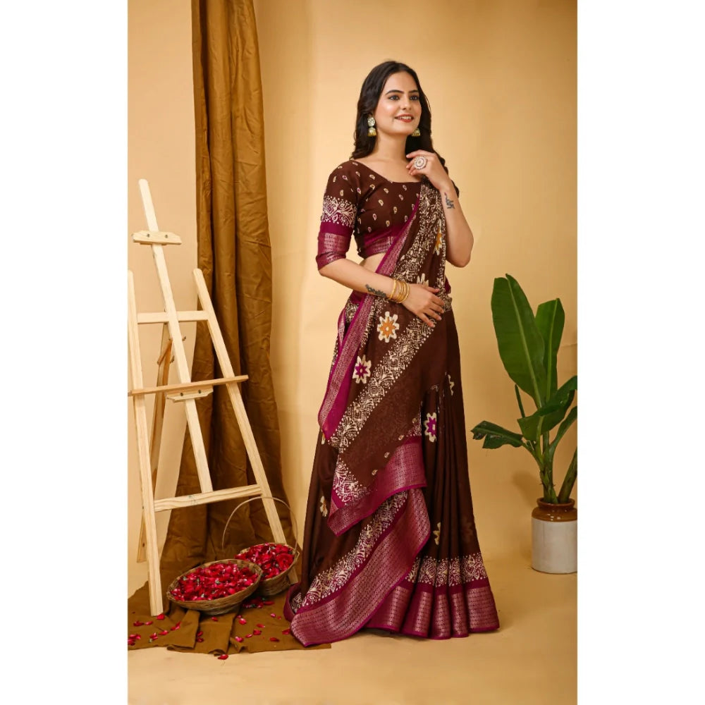 Women's Soft Blooming Marshmallow Fabric Kalamkari Printed Saree With Unstitched Blouse 5.5Mtr (Maroon)