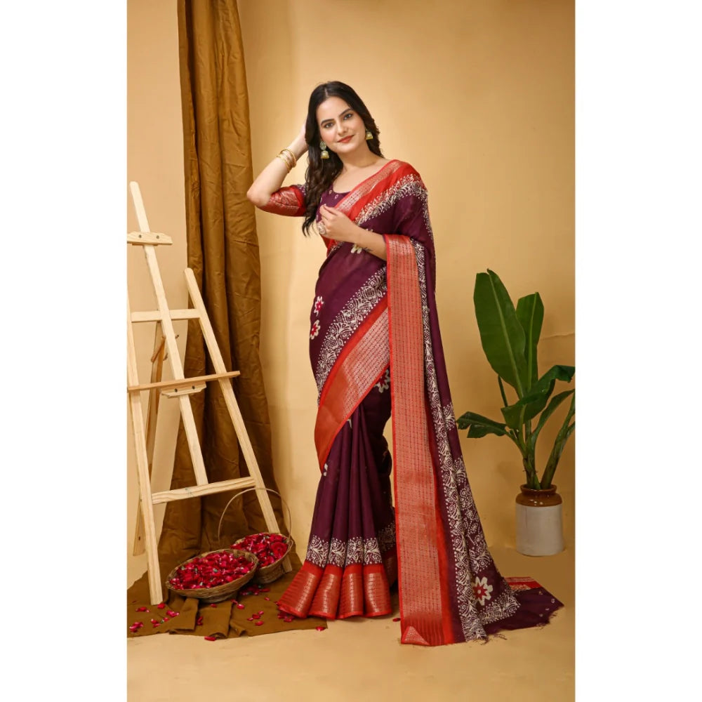 Women's Soft Blooming Marshmallow Fabric Kalamkari Printed Saree With Unstitched Blouse 5.5Mtr (Wine)