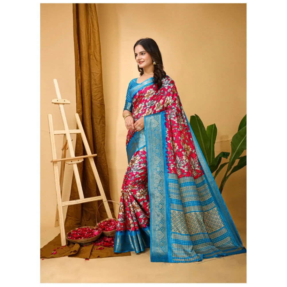 Women's Soft Dola Cotton Kalamkari Printed Saree With Unstitched Blouse 5.5Mtr (Pink)