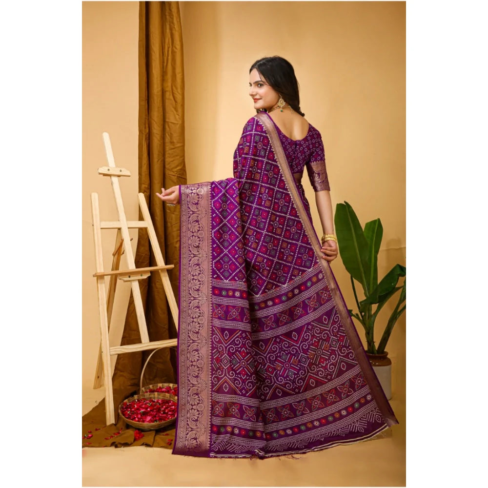Women's Soft Dola Cotton Kalamkari Printed Saree With Unstitched Blouse 5.5Mtr (Purple)