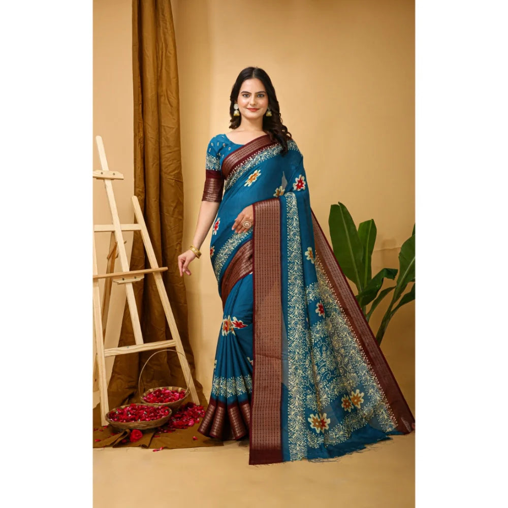 Women's Soft Blooming Marshmallow Fabric Kalamkari Printed Saree With Unstitched Blouse 5.5Mtr (Blue)