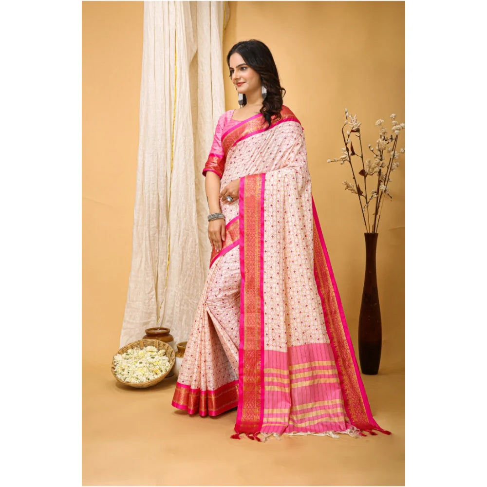 Women's Soft Cotton Silk Printed Saree With Unstitched Blouse 5.5Mtr (Pink)
