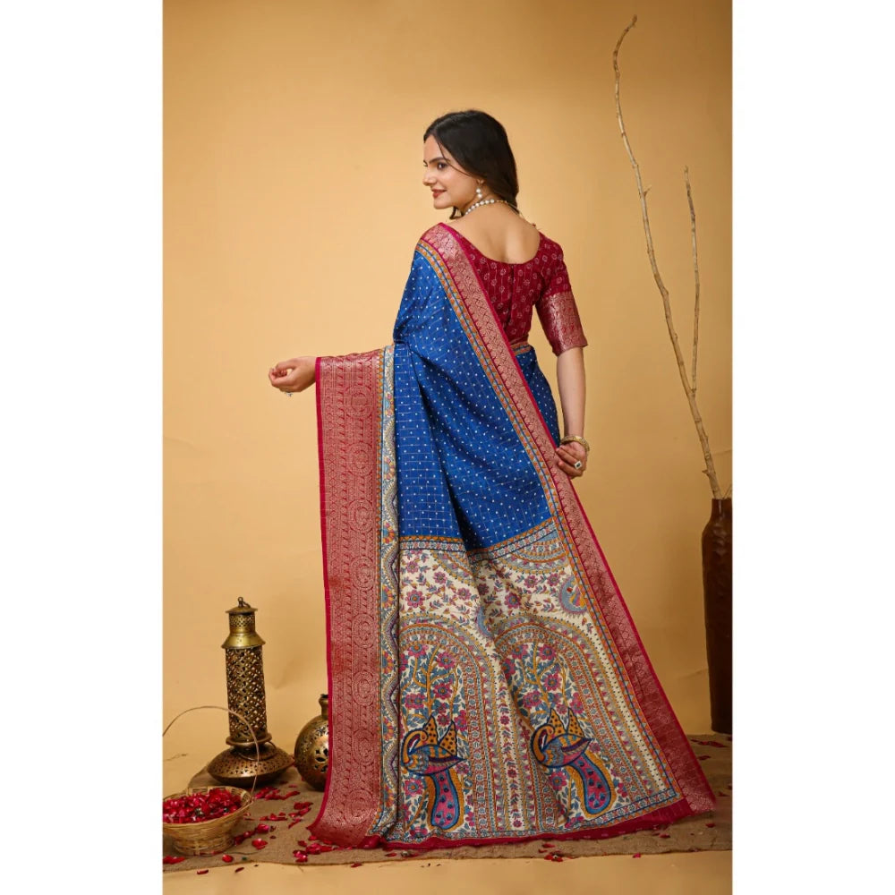 Women's Soft Dola Cotton Kalamkari Printed Saree With Unstitched Blouse 5.5Mtr (Blue)