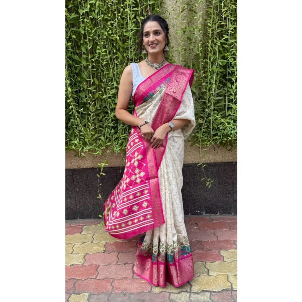 Women's Soft Dola Cotton Kalamkari Printed Saree With Unstitched Blouse 5.5Mtr (White)