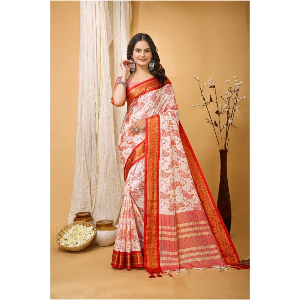 Women's Soft Cotton Silk Printed Saree With Unstitched Blouse 5.5Mtr (Red)