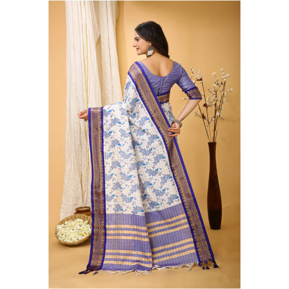 Women's Soft Cotton Silk Printed Saree With Unstitched Blouse 5.5Mtr (Purple)