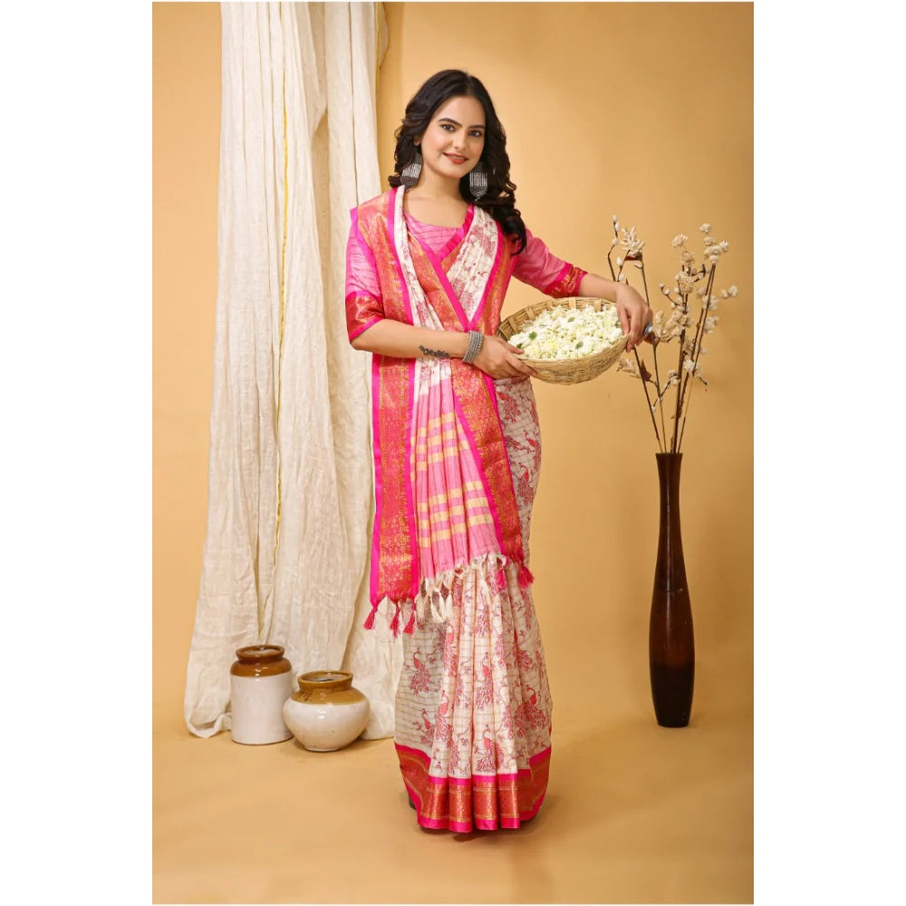 Women's Soft Cotton Silk Printed Saree With Unstitched Blouse 5.5Mtr (Pink)