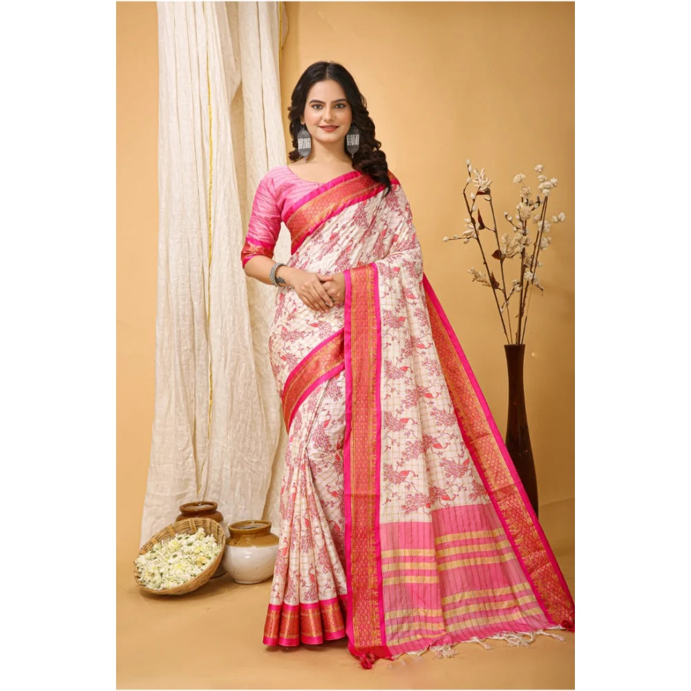Women's Soft Cotton Silk Printed Saree With Unstitched Blouse 5.5Mtr (Pink)