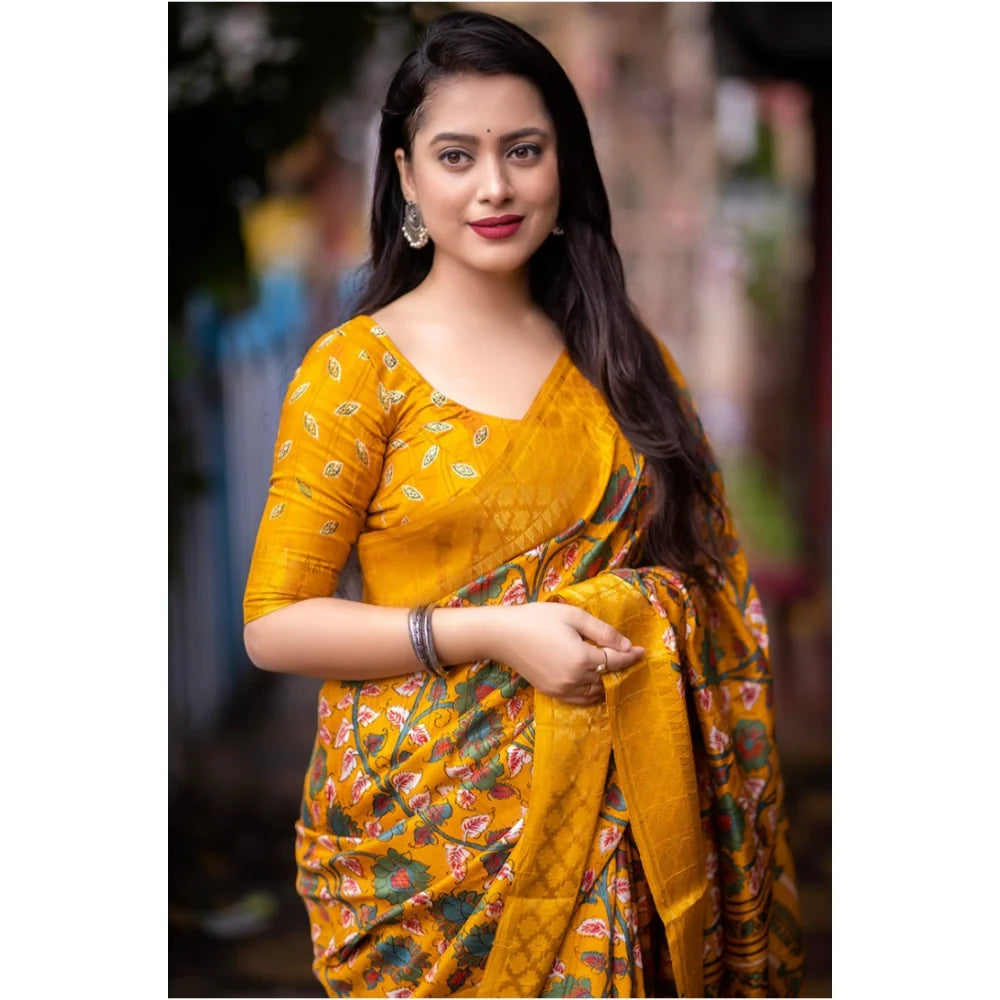 Women's Soft Dola Cotton Kalamkari Printed Saree With Unstitched Blouse 5.5Mtr (Yellow)