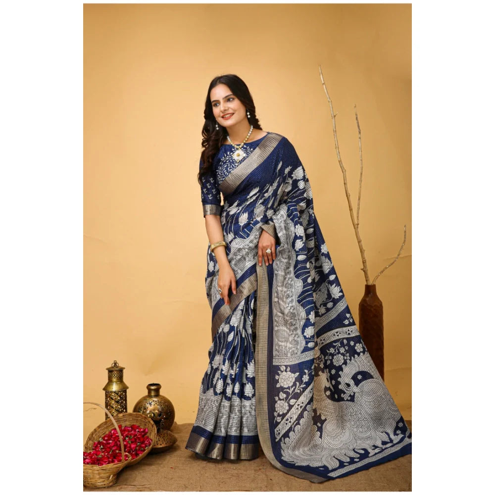 Women's Soft Handloom Cotton Kalamkari Printed Saree With Unstitched Blouse 5.5Mtr (Blue)