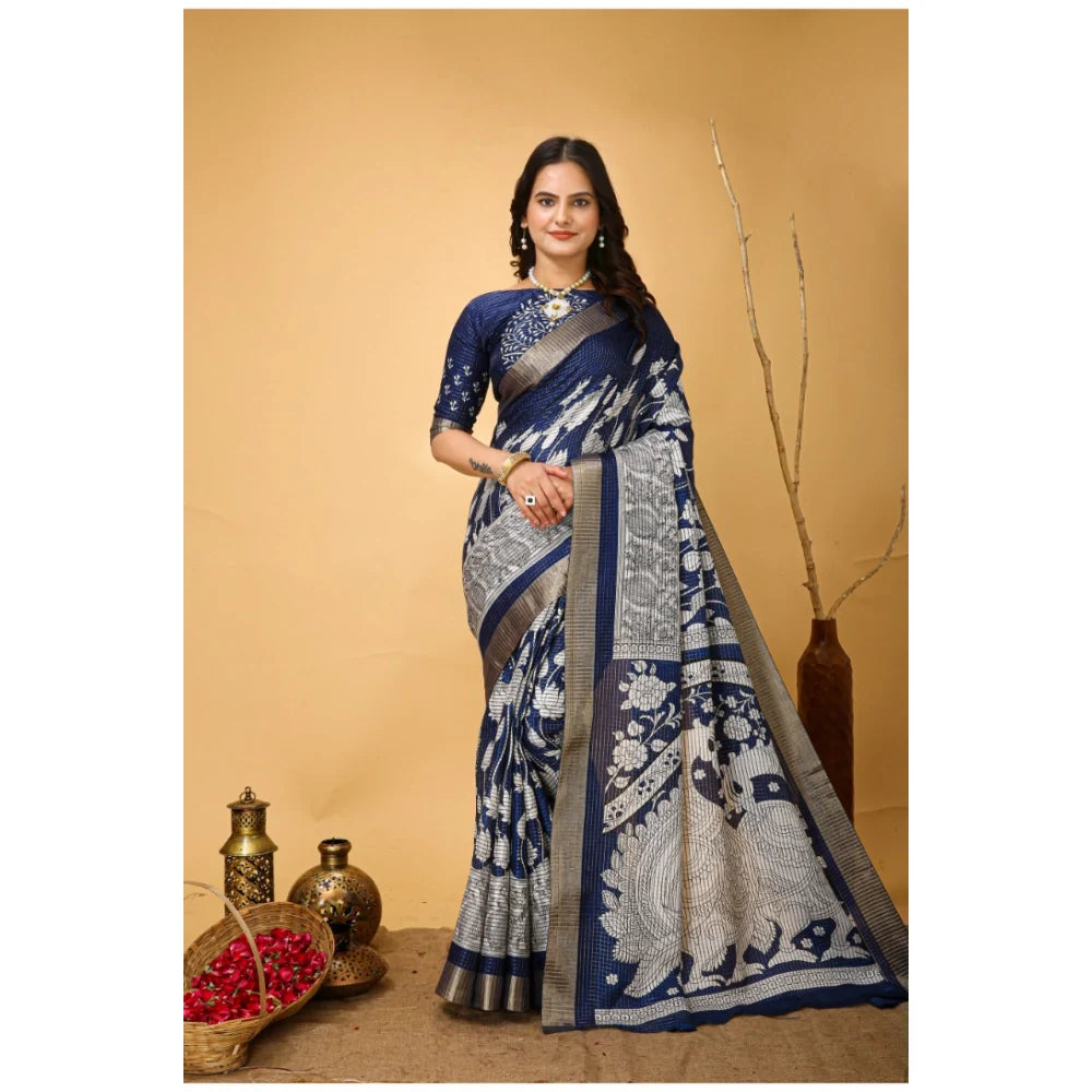 Women's Soft Handloom Cotton Kalamkari Printed Saree With Unstitched Blouse 5.5Mtr (Blue)
