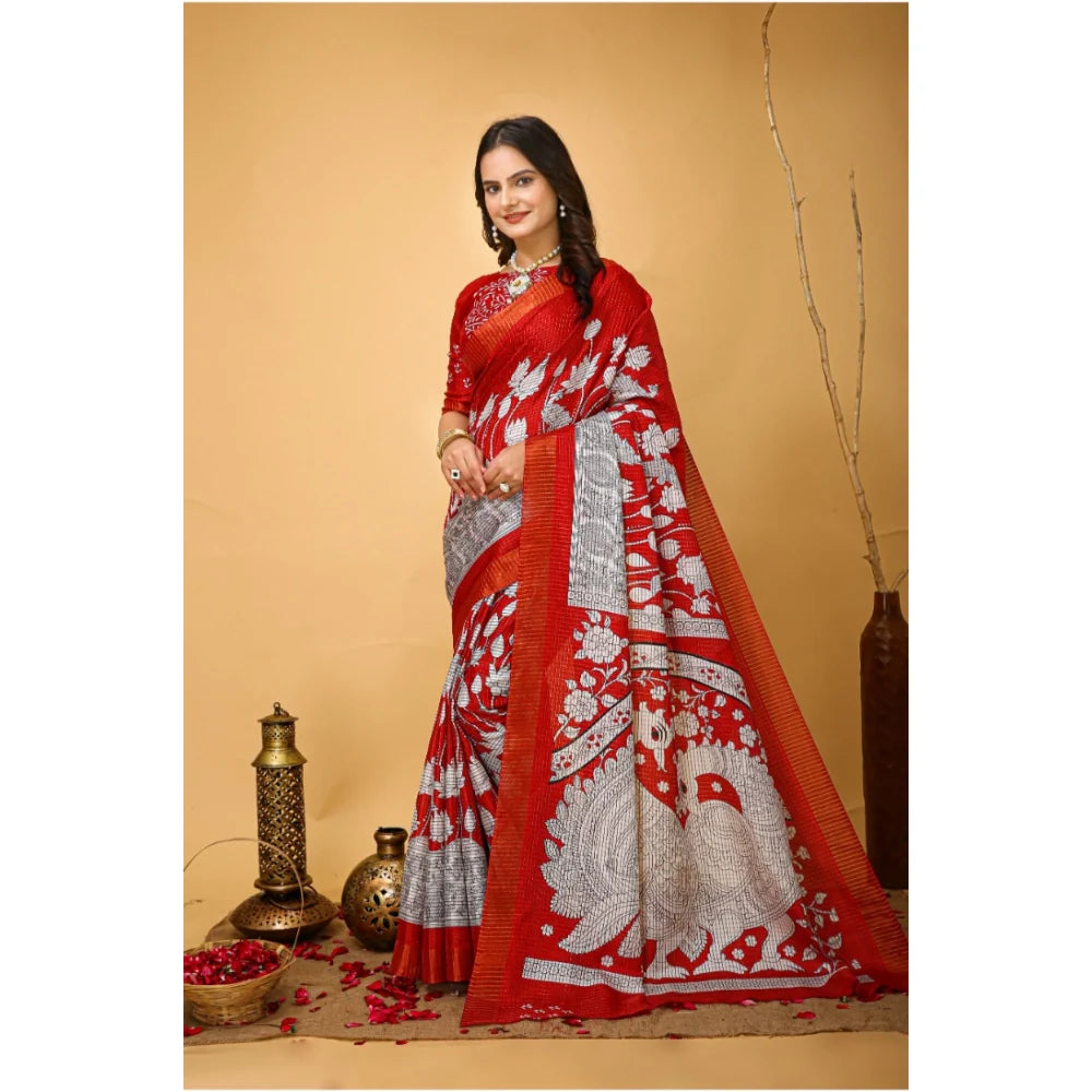 Women's Soft Handloom Cotton Kalamkari Printed Saree With Unstitched Blouse 5.5Mtr (Red)