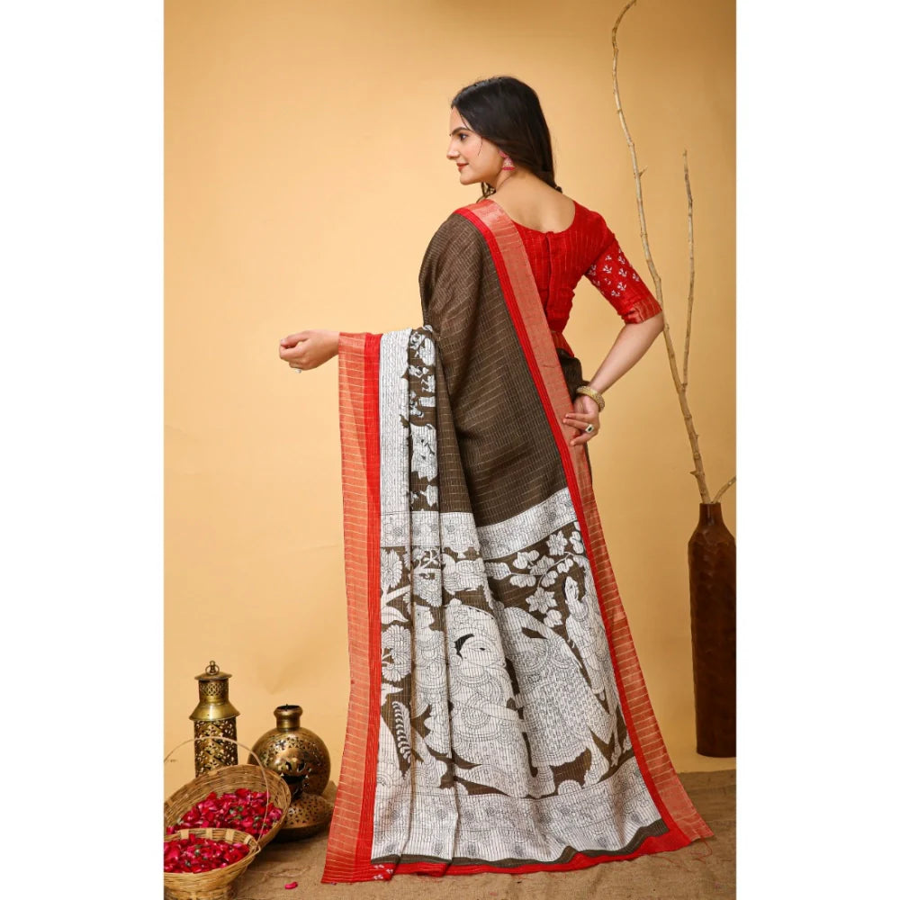Women's Soft Handloom Cotton Kalamkari Printed Saree With Unstitched Blouse 5.5Mtr (Brown)