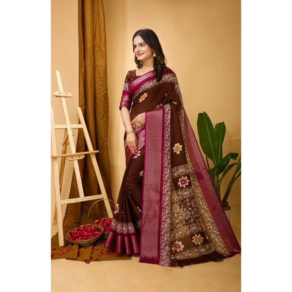 Women's Soft Blooming Marshmallow Fabric Kalamkari Printed Saree With Unstitched Blouse 5.5Mtr (Maroon)