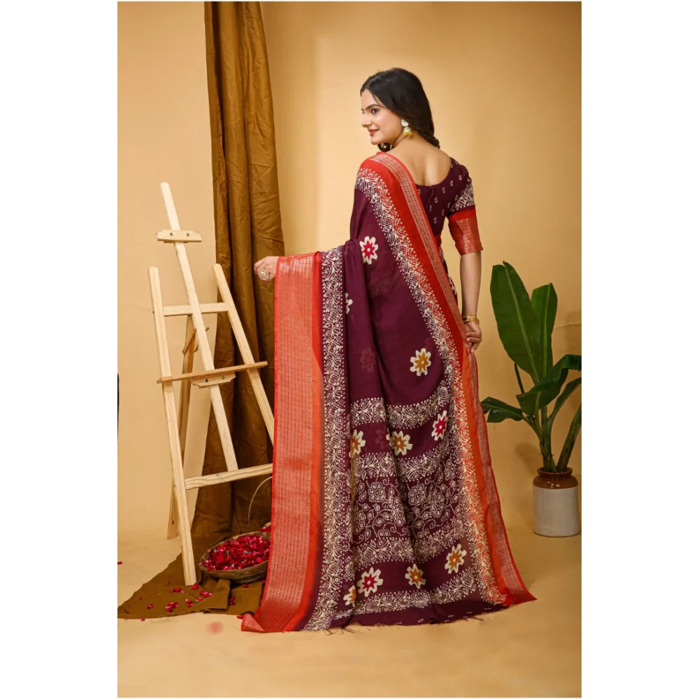 Women's Soft Blooming Marshmallow Fabric Kalamkari Printed Saree With Unstitched Blouse 5.5Mtr (Wine)