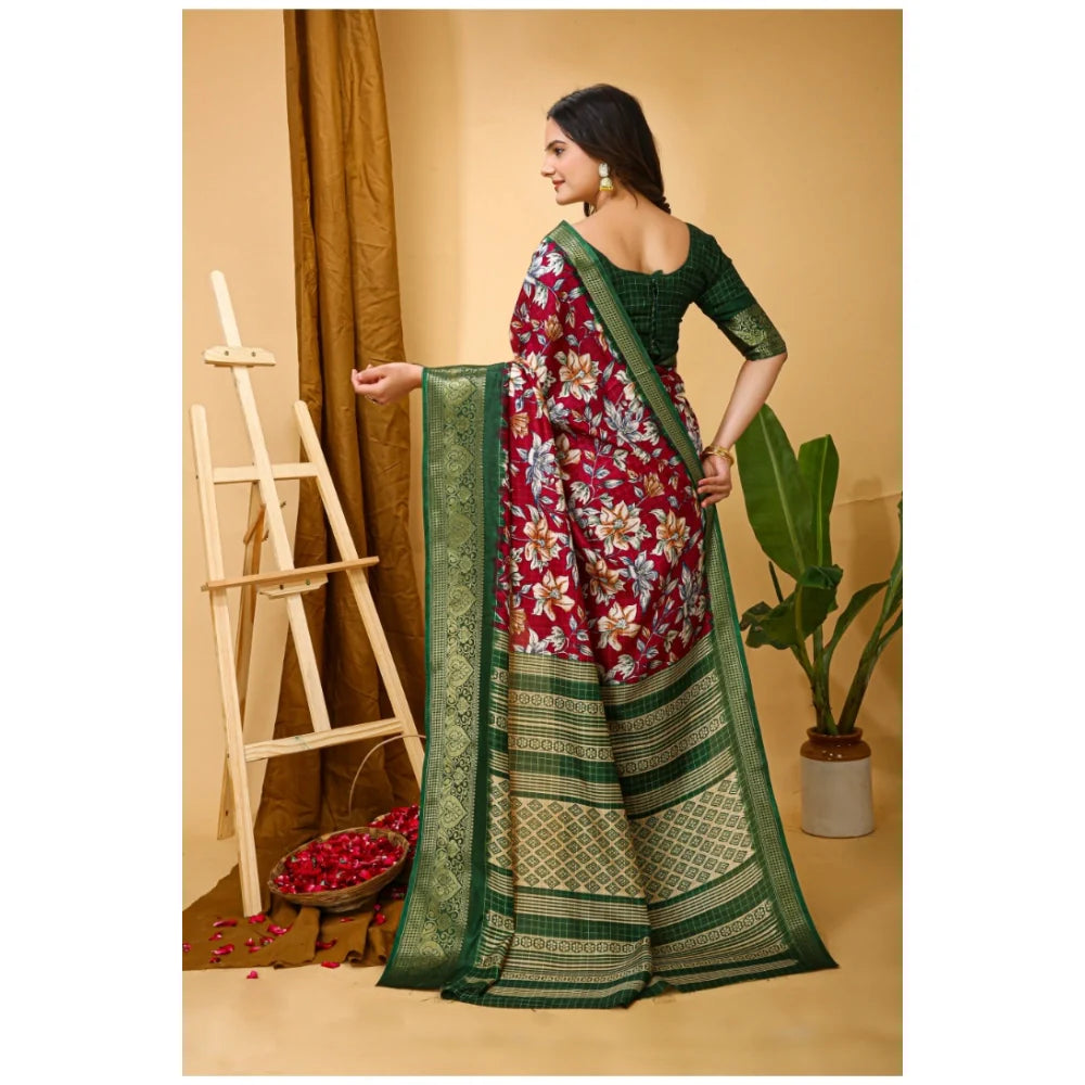 Women's Soft Dola Cotton Kalamkari Printed Saree With Unstitched Blouse 5.5Mtr (Maroon)