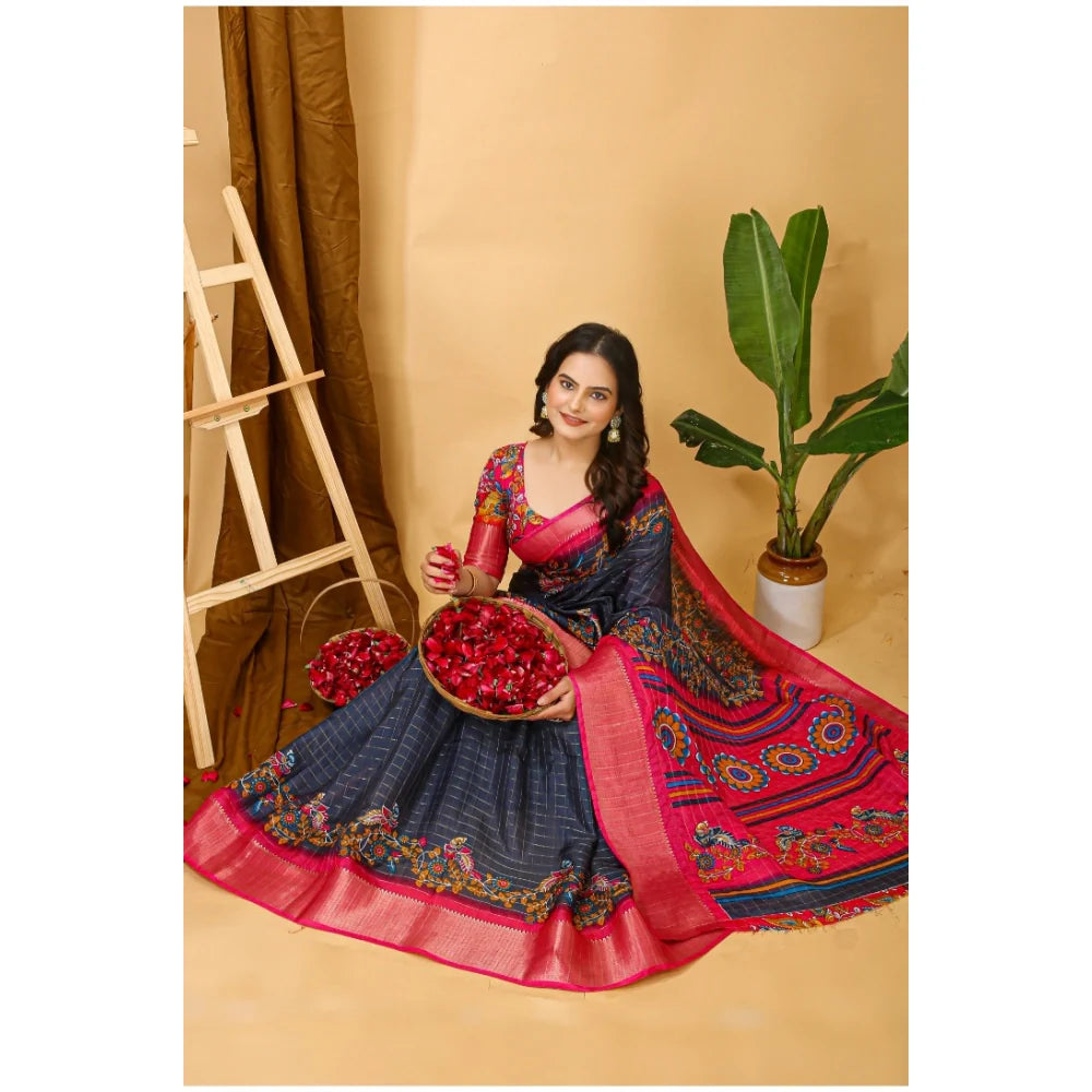 Women's Soft Dola Cotton Kalamkari Printed Saree With Unstitched Blouse 5.5Mtr (Grey)