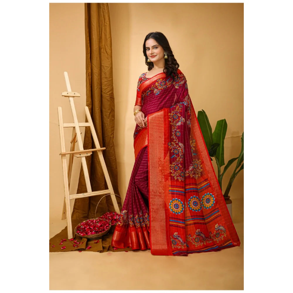 Women's Soft Dola Cotton Kalamkari Printed Saree With Unstitched Blouse 5.5Mtr (Maroon)