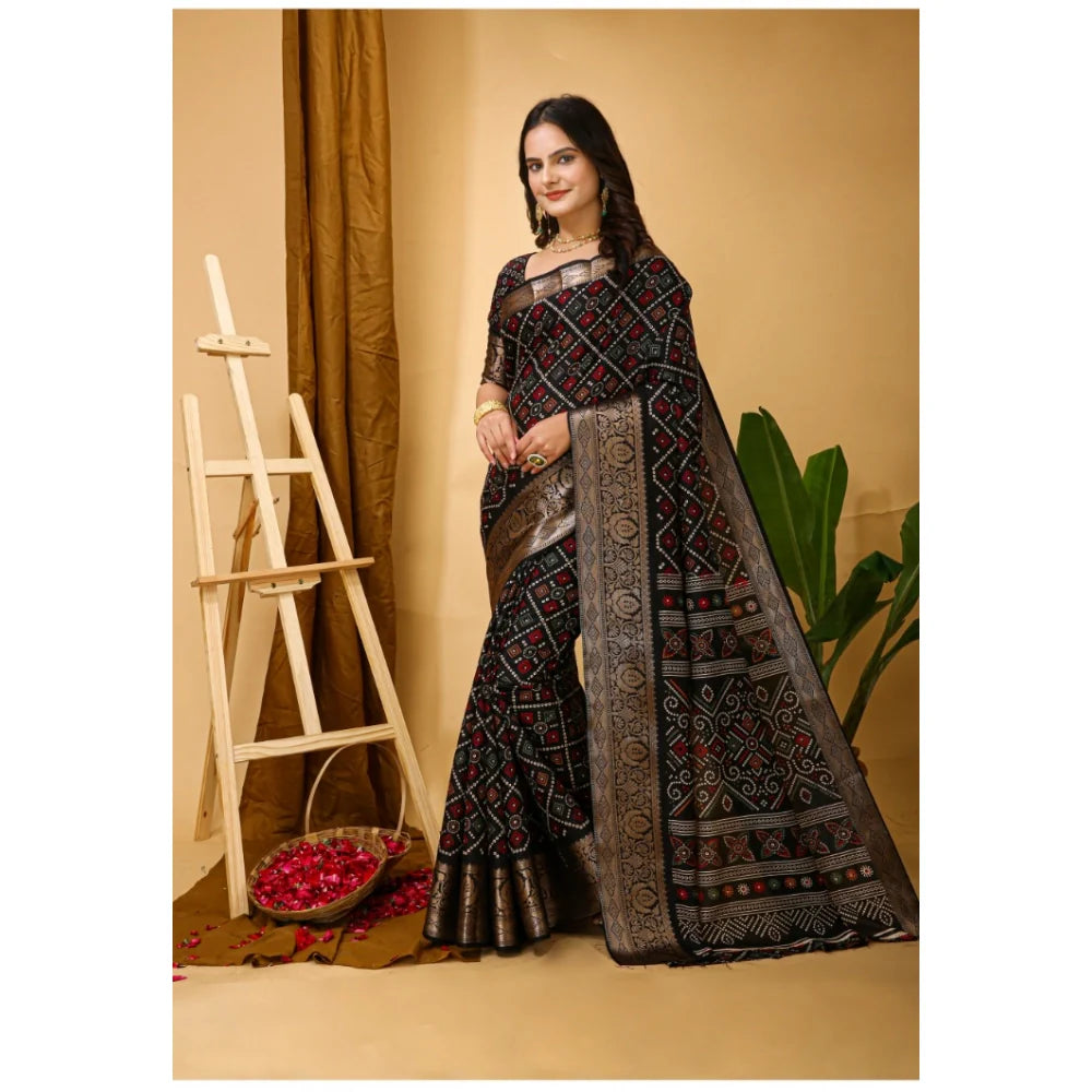 Women's Soft Dola Cotton Kalamkari Printed Saree With Unstitched Blouse 5.5Mtr (Black)