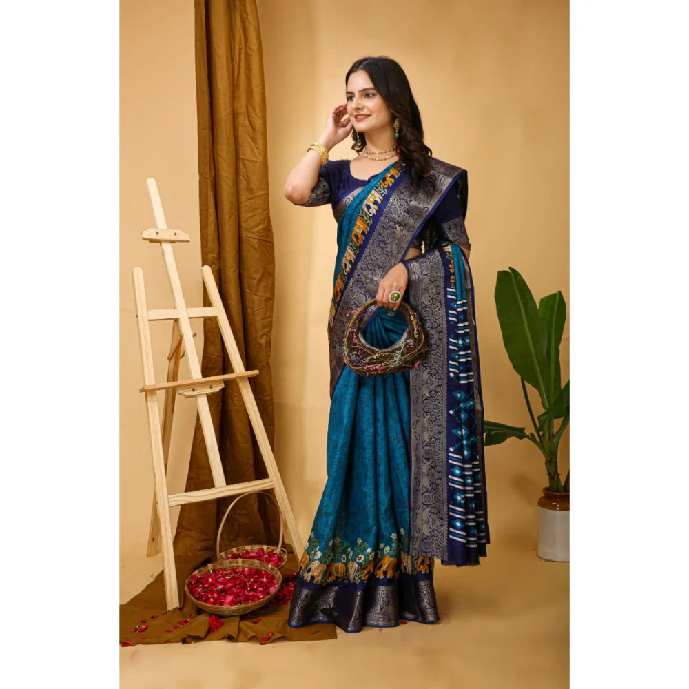 Women's Soft Dola Cotton Kalamkari Printed Saree With Unstitched Blouse 5.5Mtr (Blue)