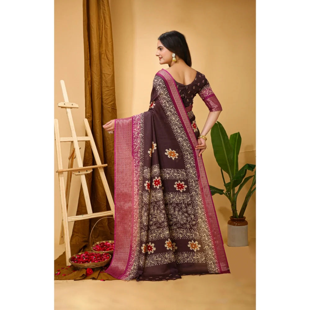 Women's Soft Blooming Marshmallow Fabric Kalamkari Printed Saree With Unstitched Blouse 5.5Mtr (Maroon)