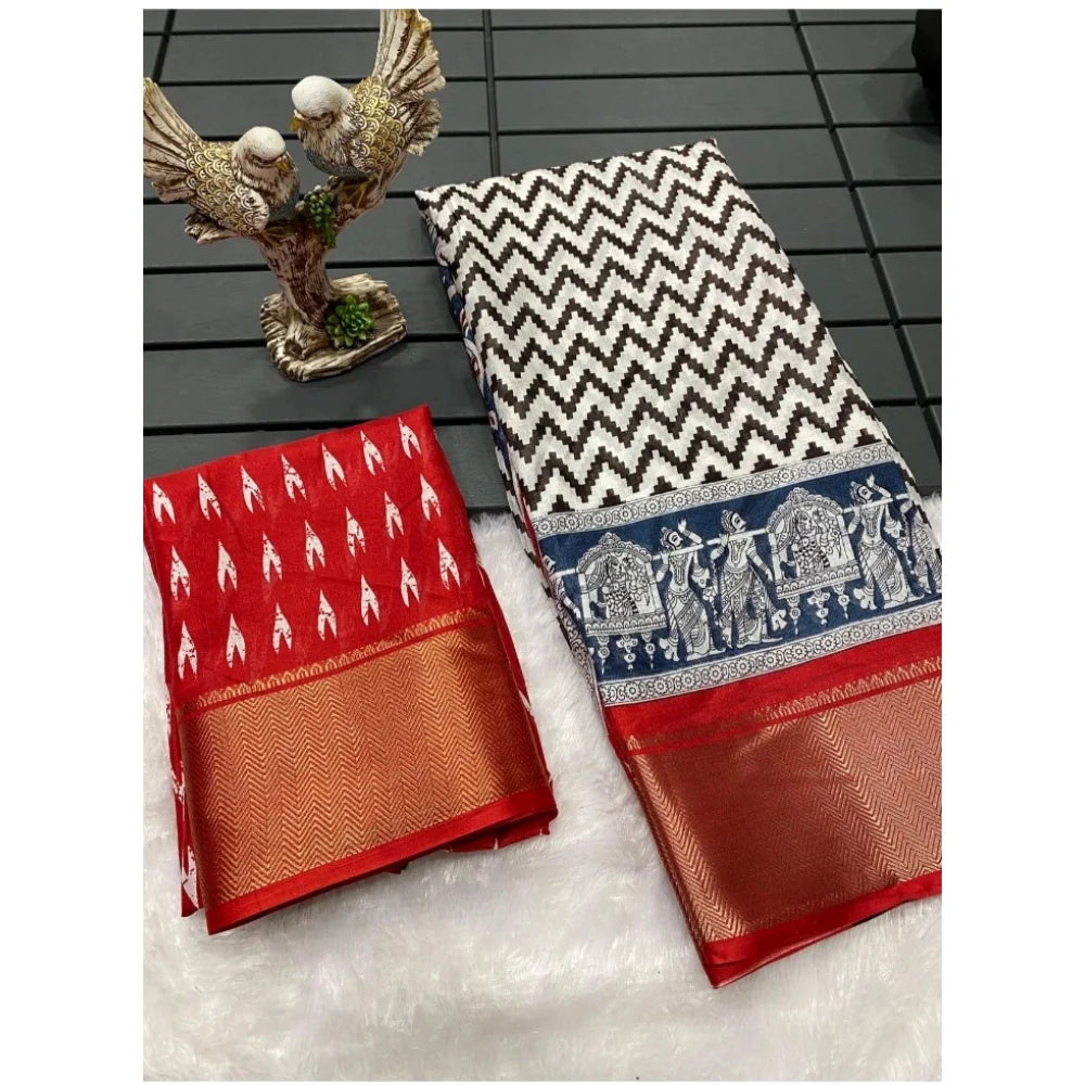 Women's Soft Dola Cotton Kalamkari Printed Saree With Unstitched Blouse 5.5Mtr (Red)