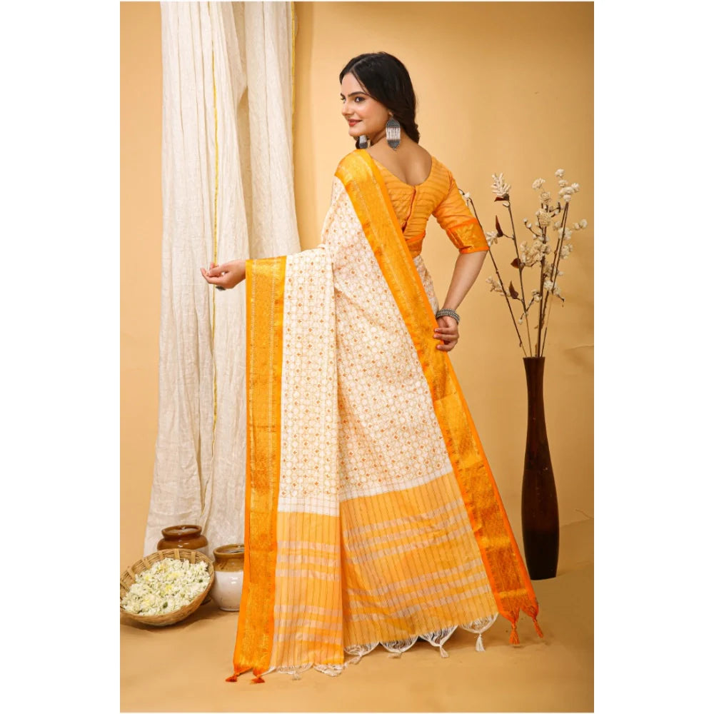 Women's Soft Cotton Silk Printed Saree With Unstitched Blouse 5.5Mtr (Yellow)