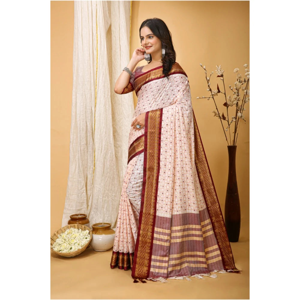Women's Soft Cotton Silk Printed Saree With Unstitched Blouse 5.5Mtr (Maroon)