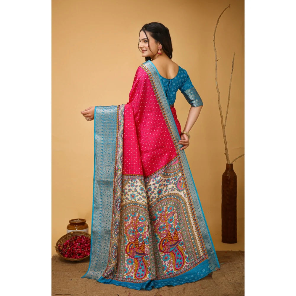 Women's Soft Dola Cotton Kalamkari Printed Saree With Unstitched Blouse 5.5Mtr (Pink)