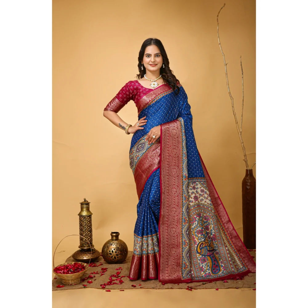 Women's Soft Dola Cotton Kalamkari Printed Saree With Unstitched Blouse 5.5Mtr (Blue)