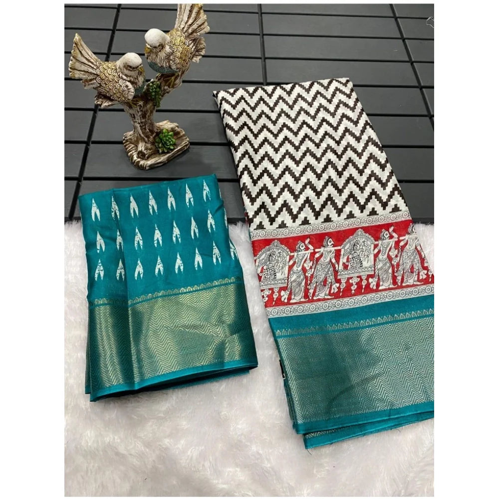 Women's Soft Dola Cotton Kalamkari Printed Saree With Unstitched Blouse 5.5Mtr (Turquoise)