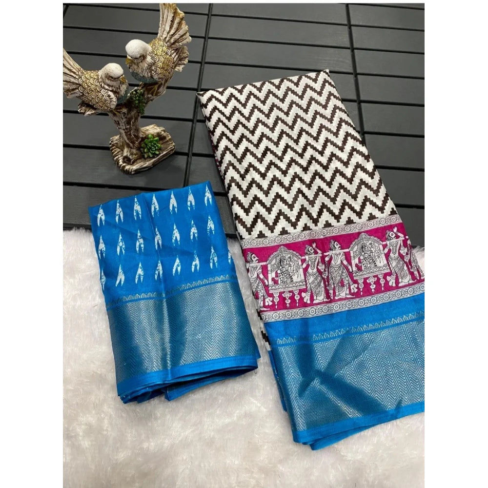 Women's Soft Dola Cotton Kalamkari Printed Saree With Unstitched Blouse 5.5Mtr (Sky Blue)