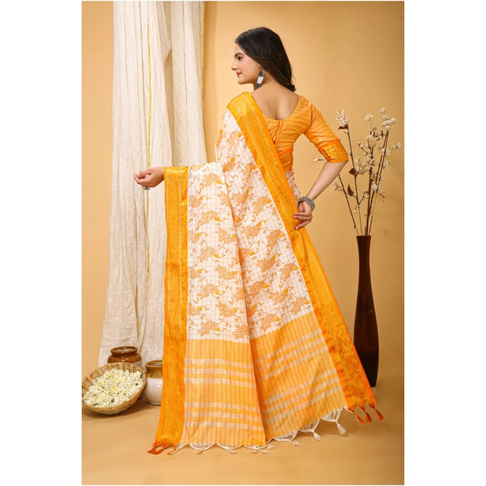 Women's Soft Cotton Silk Printed Saree With Unstitched Blouse 5.5Mtr (Yellow)