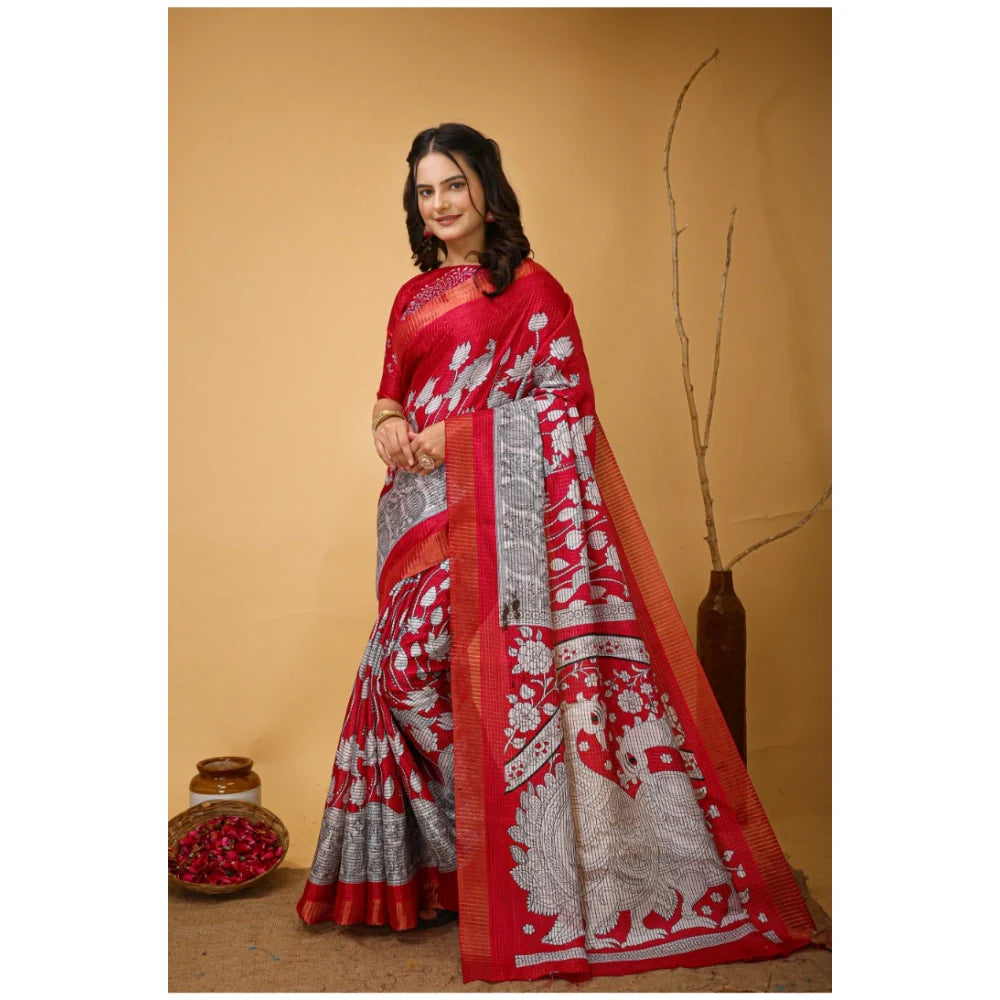 Women's Soft Handloom Cotton Kalamkari Printed Saree With Unstitched Blouse 5.5Mtr (Pink)