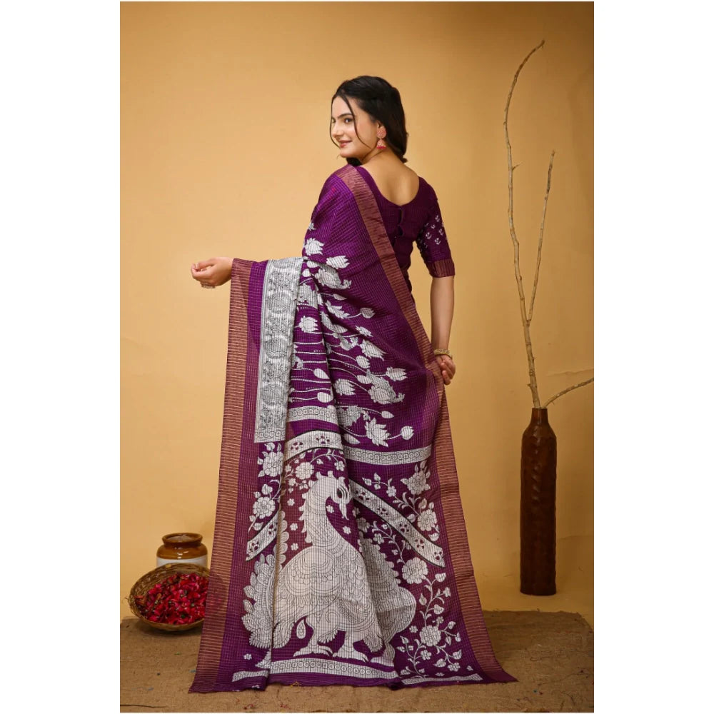 Women's Soft Handloom Cotton Kalamkari Printed Saree With Unstitched Blouse 5.5Mtr (Purple)