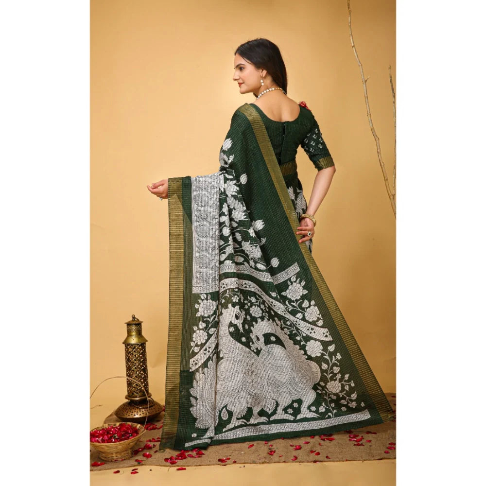 Women's Soft Handloom Cotton Kalamkari Printed Saree With Unstitched Blouse 5.5Mtr (Green)