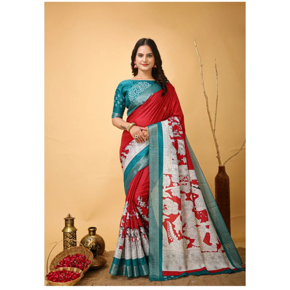 Women's Soft Handloom Cotton Kalamkari Printed Saree With Unstitched Blouse 5.5Mtr (Red)