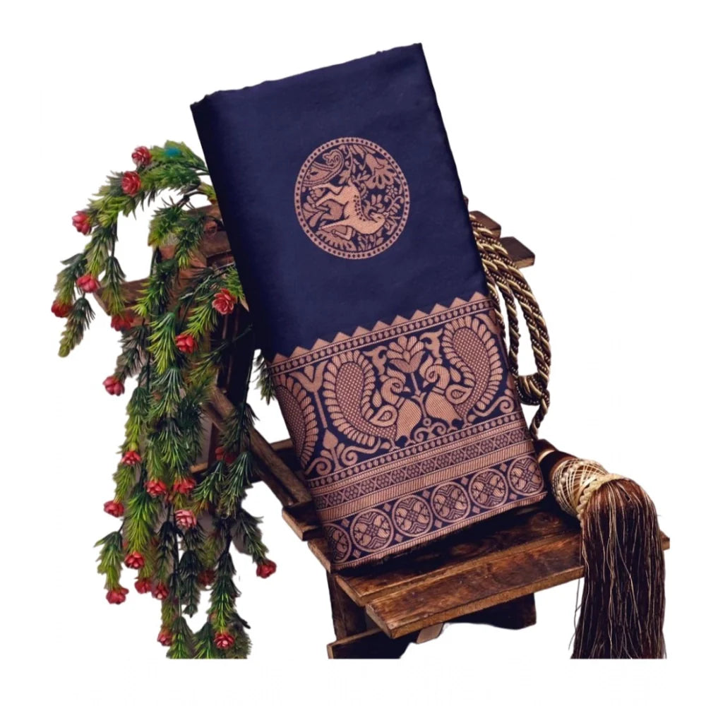 Women's Soft Lichi Silk Printed Saree With Unstitched Blouse 5.5Mtr (Navy Blue)