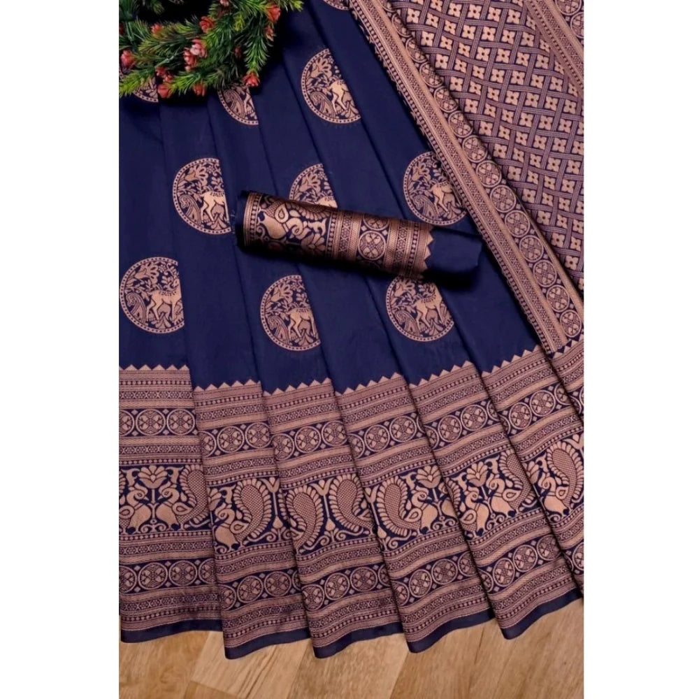 Women's Soft Lichi Silk Printed Saree With Unstitched Blouse 5.5Mtr (Navy Blue)
