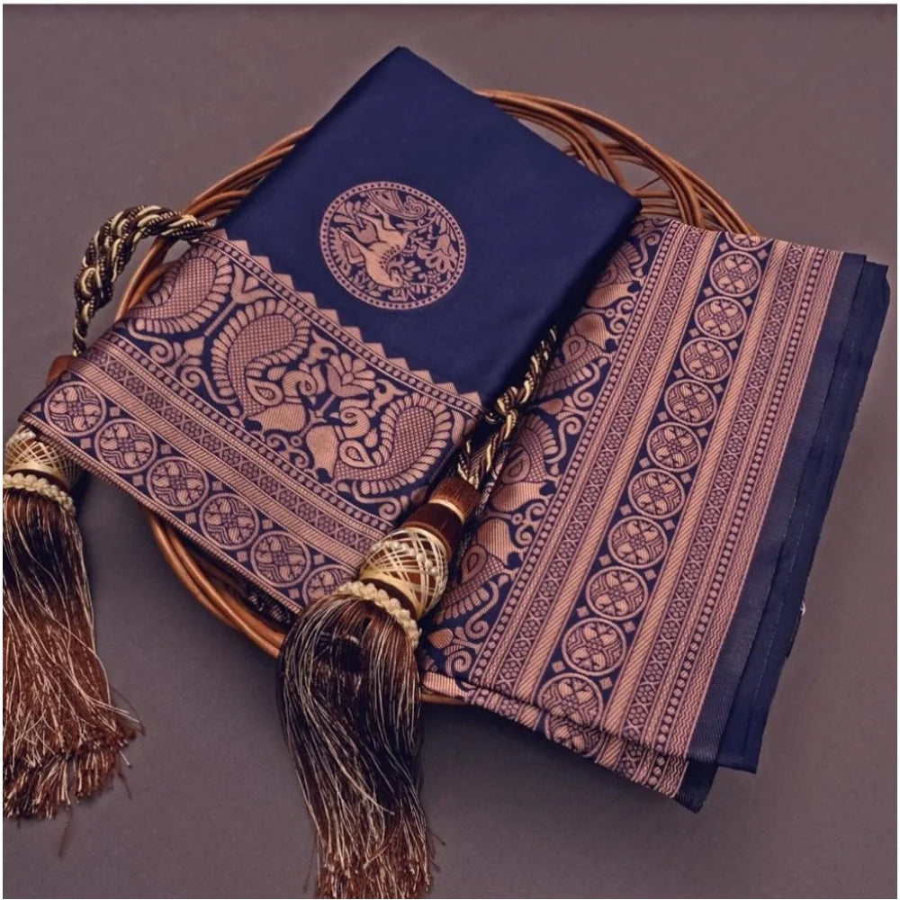 Women's Soft Lichi Silk Printed Saree With Unstitched Blouse 5.5Mtr (Navy Blue)