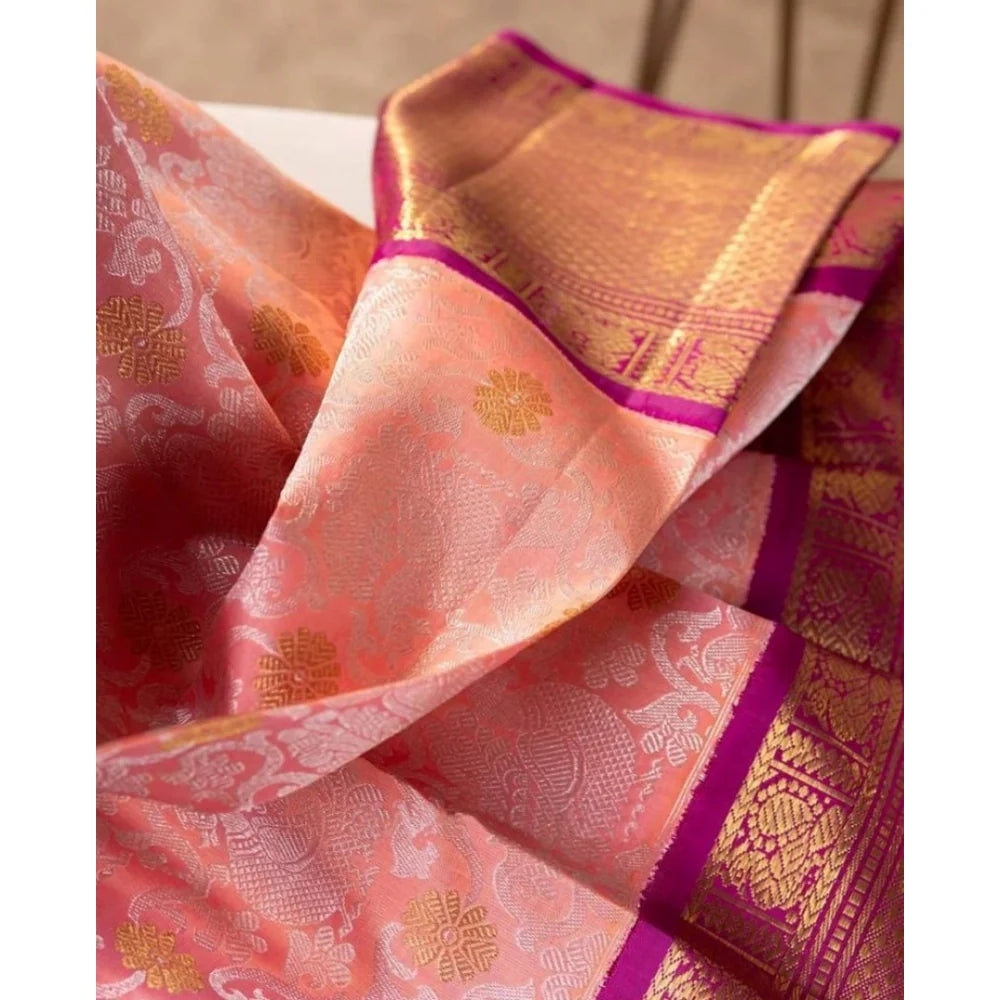 Women's Soft Lichi Silk Printed Saree With Unstitched Blouse 5.5Mtr (Pink)