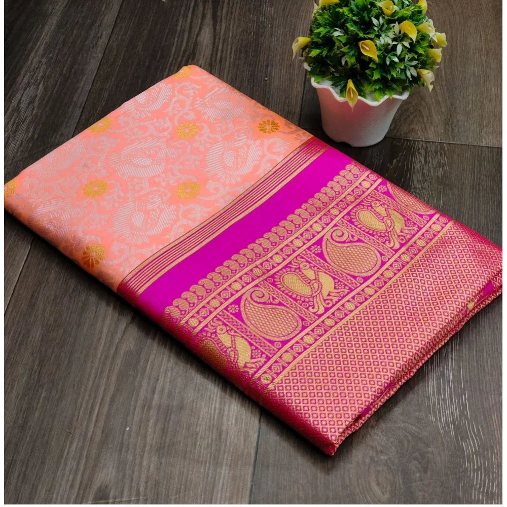 Women's Soft Lichi Silk Printed Saree With Unstitched Blouse 5.5Mtr (Pink)