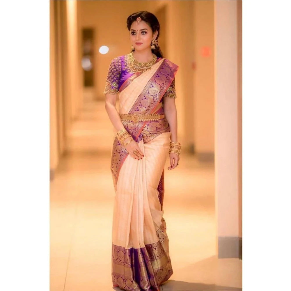 Women's Soft Lichi Silk Printed Saree With Unstitched Blouse 5.5Mtr (Purple)