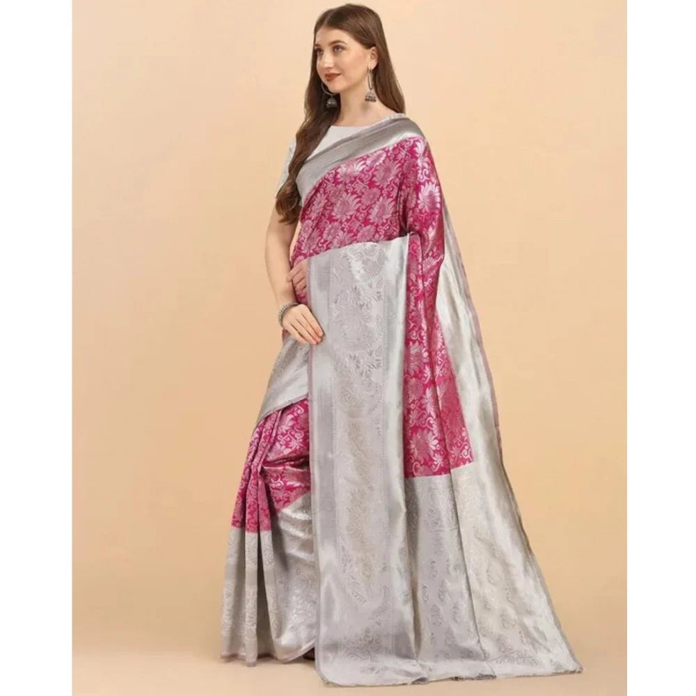 Women's Soft Lichi Silk Printed Saree With Unstitched Blouse 5.5Mtr (Pink)