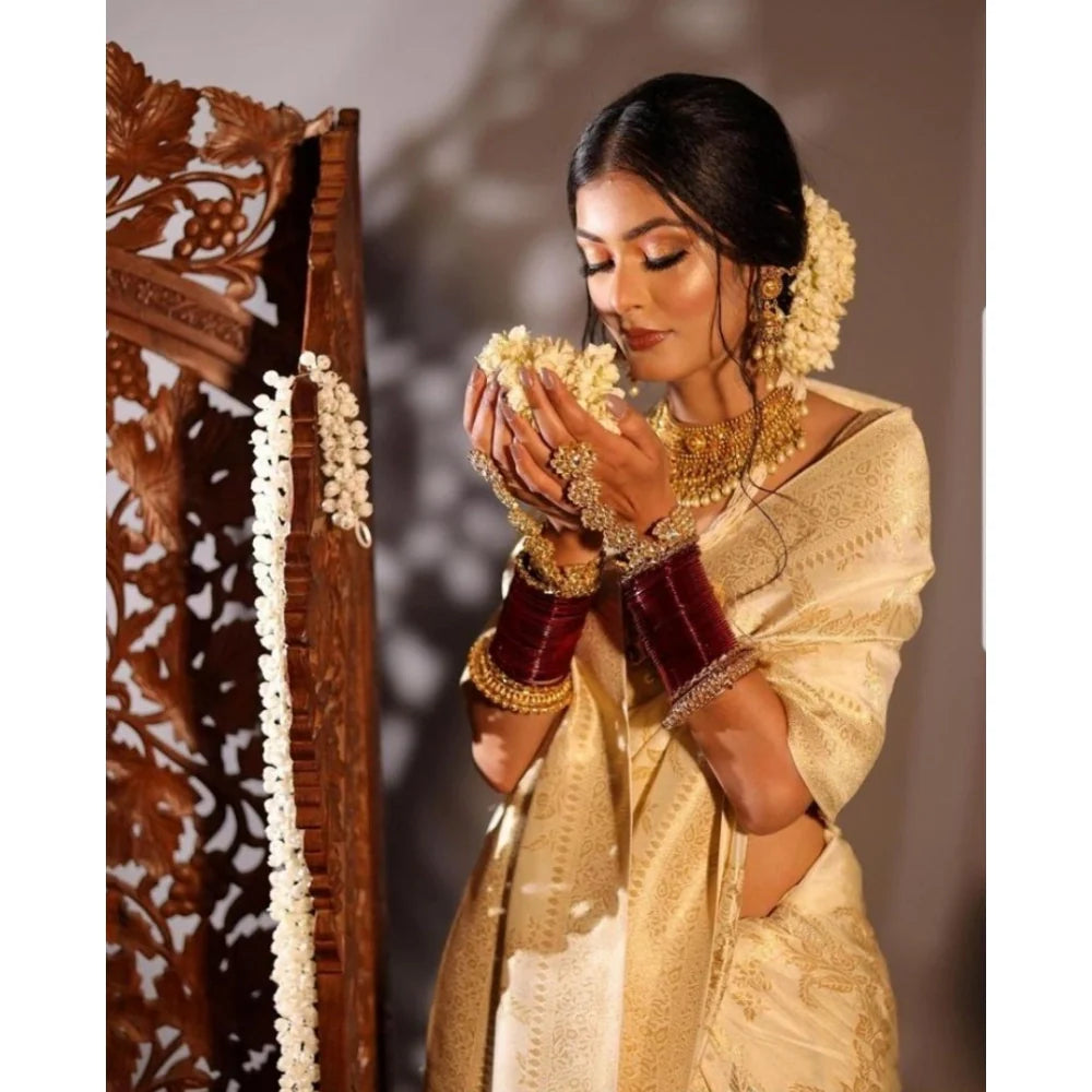 Women's Soft Lichi Silk Printed Saree With Unstitched Blouse 5.5Mtr (Golden)