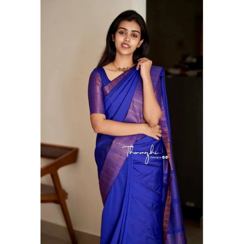 Women's Soft Lichi Silk Solid Saree With Unstitched Blouse 5.5Mtr (Blue)
