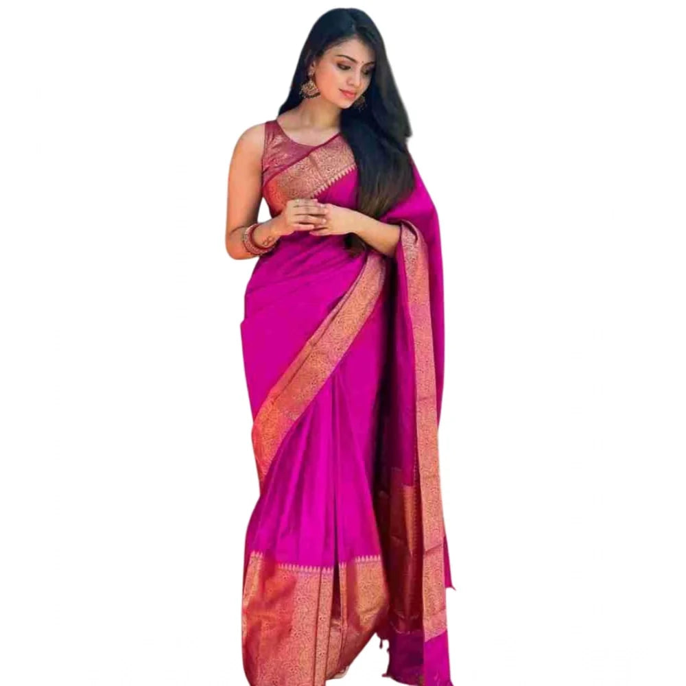 Women's Soft Lichi Silk Solid Saree With Unstitched Blouse 5.5Mtr (Pink)