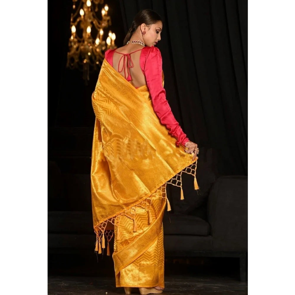 Women's Soft Lichi Silk Woven Saree With Unstitched Blouse 5.5Mtr (Yellow)