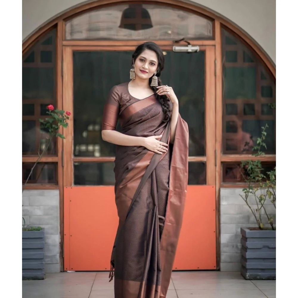 Women's Soft Lichi Silk Printed Saree With Unstitched Blouse 5.5Mtr (Brown)